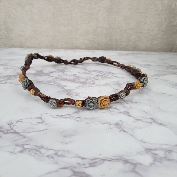 Brown Floral Headband Crown with Blue Flowers Hippie Boho Festival - Picture 2 of 10